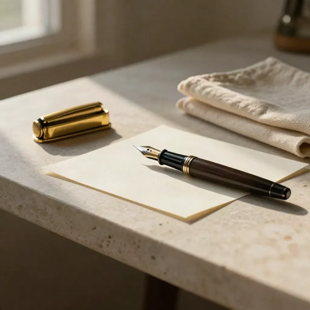 Fountain pen, paper swatches, brass paperweight, and linen on a stone desk in warm late light.