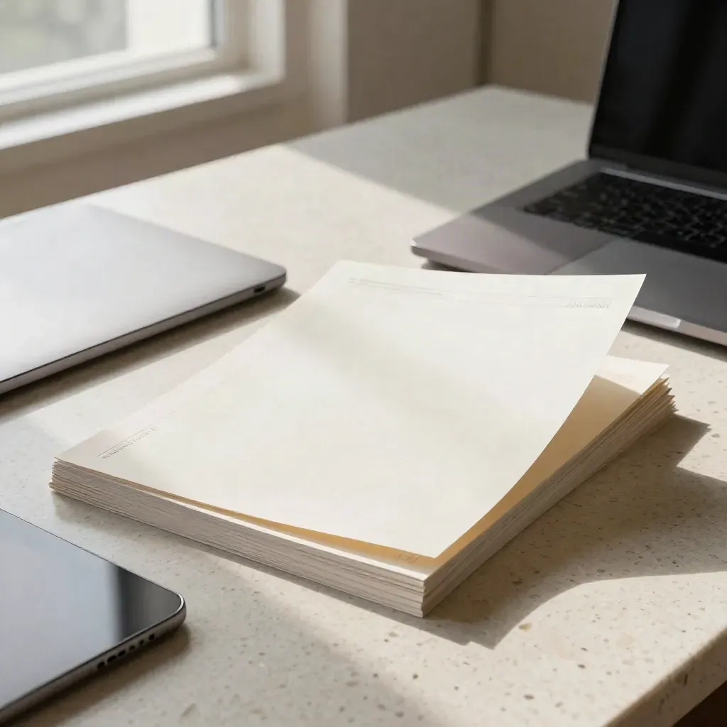Closed laptop, tablet, and aligned service-page mockups on travertine in bright morning light.