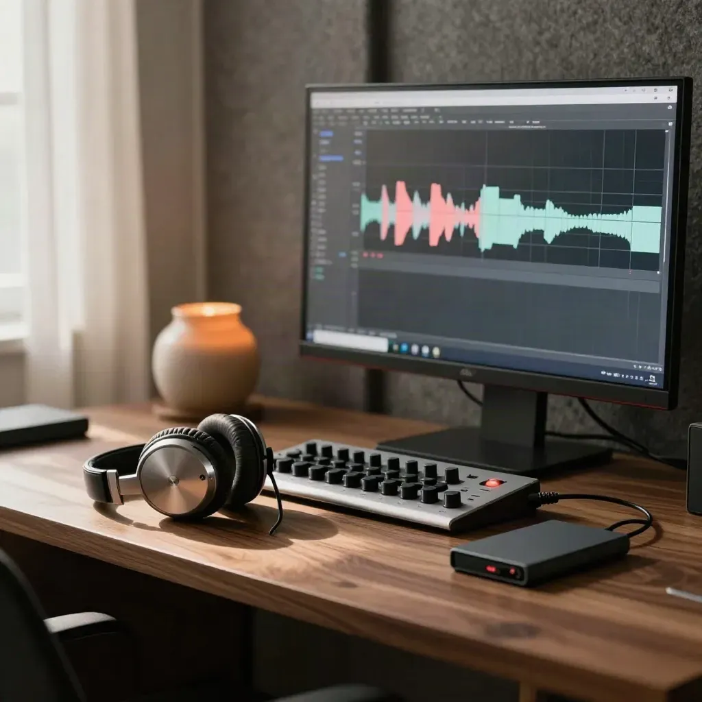 Headphones, audio interface, and SSD beside a blurred waveform monitor in a cozy edit nook.