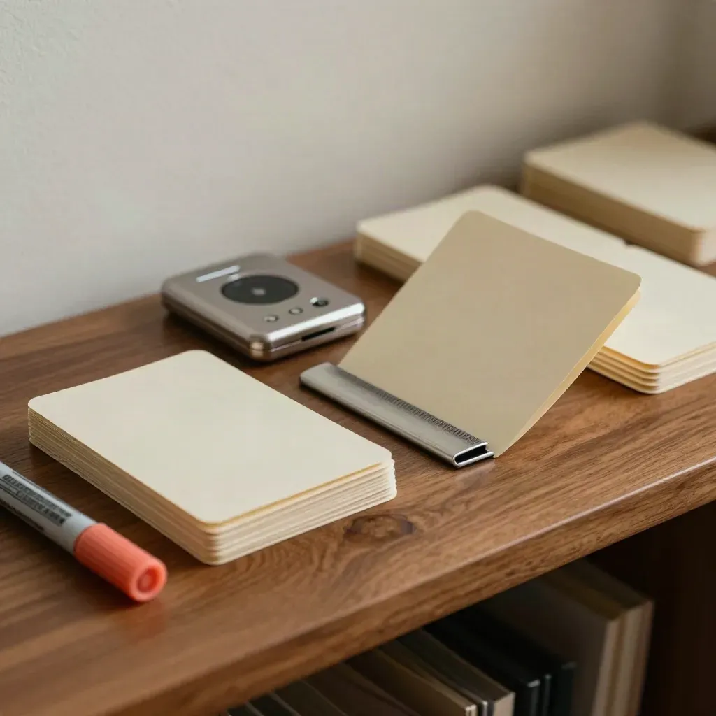 Fanned hook cards, a voice recorder, and a coral marker cap on a walnut planning shelf.