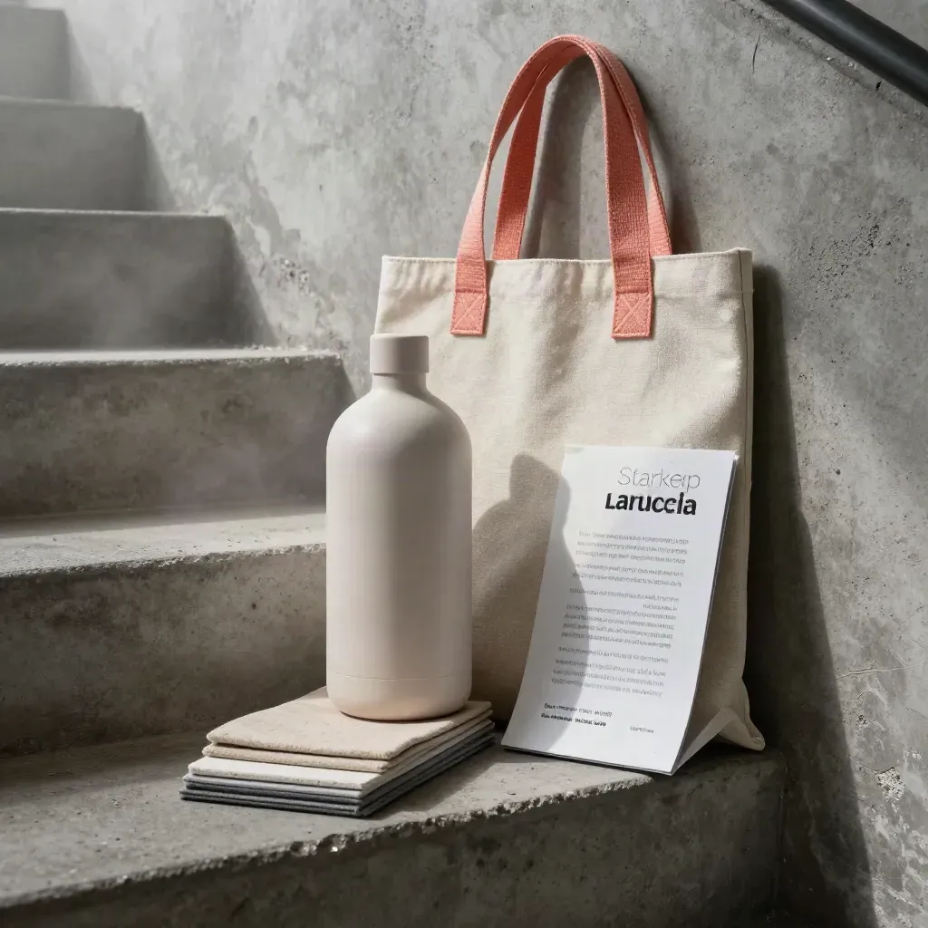 Concrete stair launch kit with canvas tote, bottle, swatches and folded board in dawn mist.