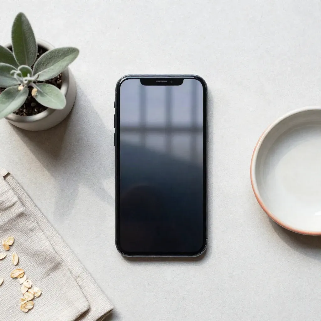 Top-down flatlay of a smartphone, plant, folded cloth and ceramic dish on pale concrete.