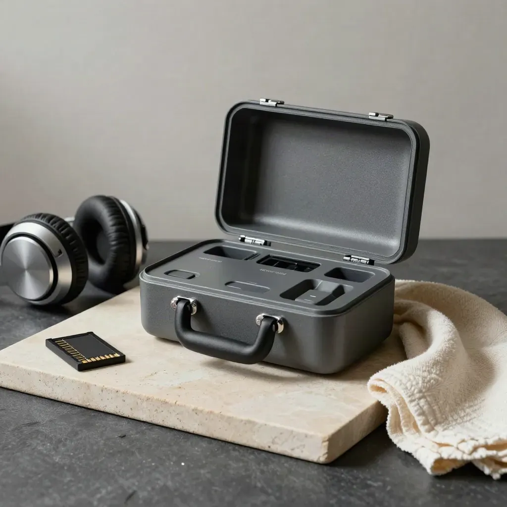 Open wireless lav case, headphones, memory-card tray, and folded cloth on a stone tray.